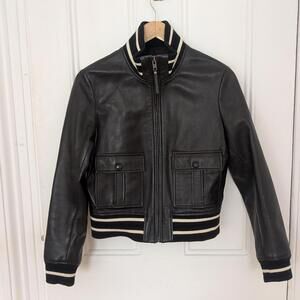 Brown Leather Bomber Jacket with Contrast Striped Trim